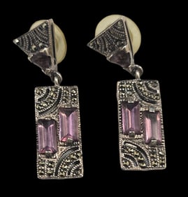 Stylish Vintage Sterling Silver & Gemstone Dangle Earrings