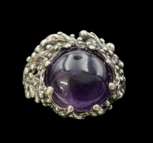 Very Unusual Vintage Mid-Century Modern Sterling Silver & Amethyst Studio Ring
