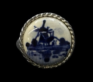 Vintage Sterling Silver & Hand Painted DELFT Holland Porcelain Plaque Ring