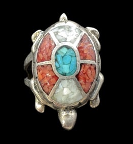 Vintage Native American Navajo Sterling Silver & Gemstone Mosaic Turtle Ring