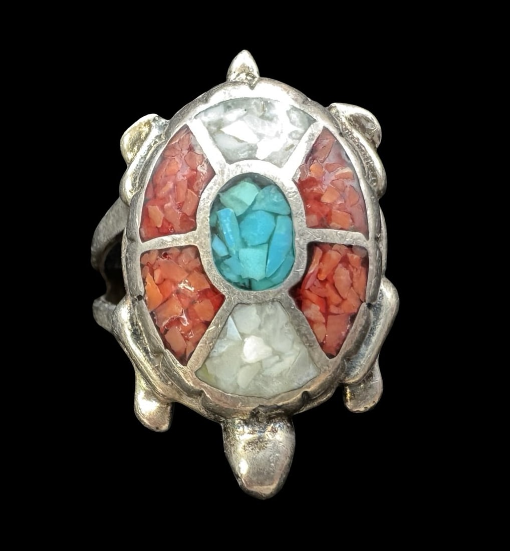 Vintage Native American Navajo Sterling Silver & Gemstone Mosaic Turtle Ring (1 of 3)