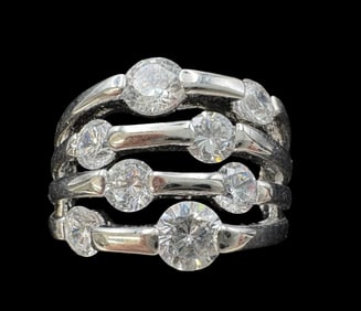 Very Unusual Vintage Sterling Silver & Clear Rhinestones Cocktail Ring