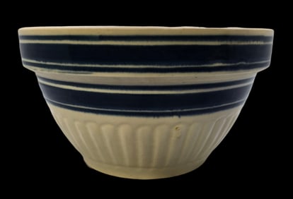 Antique Cream & Blue Banded Art Pottery Farmhouse Mixing Bowl