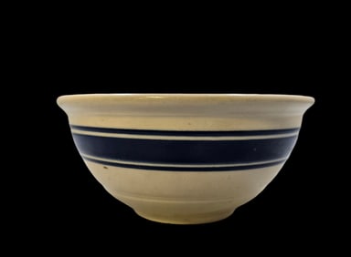 Antique Cream & Blue Banded Art Pottery Farmhouse Mixing Bowl