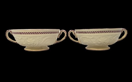 Antique WEDGWOOD "PATRICIAN" Floral Porcelain Soup Bowls - Set of 2