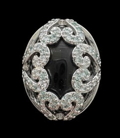 Very Unusual Vintage Sterling Silver, Black Onyx & Light Blue Gemstone Ring