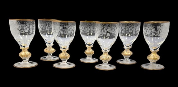 Set of 7 Antique Hand Cut Crystal & Gold Flake Glasses