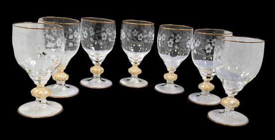 Set of 8 Antique Hand Cut Crystal & Gold Flake Glasses
