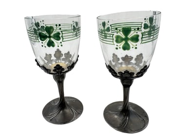 Antique Set of 2 European Hand Painted Enamel Pewter & Crystal Wine Goblets
