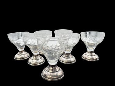 Antique Set of 7 Hand Cut Crystal Liquor Glasses /w Weighted Sterling Silver Base
