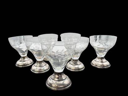 Antique Set of 7 Hand Cut Crystal Liquor Glasses /w Weighted Sterling Silver Base: Very good vintage condition; no cracks or repairs; 2 glasses have tiny chips. Each glass measures approx. 2 3/4" high x 2 1/4" in diameter.