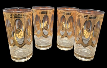 Set of 4 Vintage CULVER Hollywood Regency Highball Glasses /w 22K Gold Trim