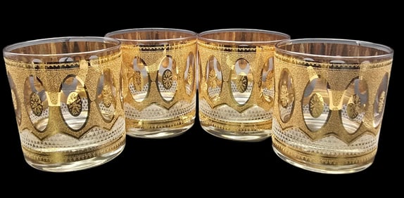 Set of 4 Vintage CULVER Hollywood Regency Lowball Glasses /w 22K Gold Trim