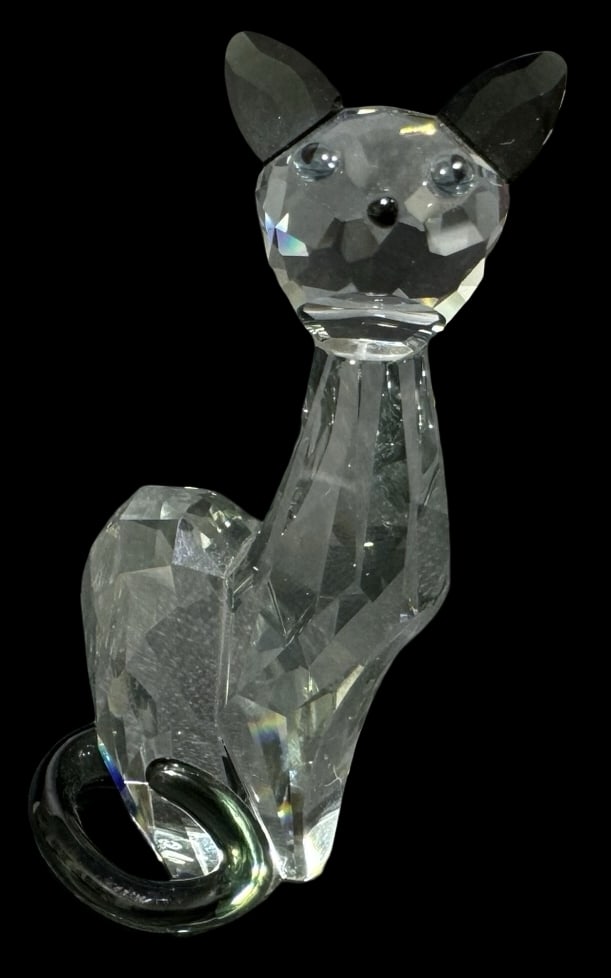 Vintage SWAROVSKI Crystal Figurine - Black Cat: Very good vintage condition; no chips, cracks, or repairs. Each measures approx. 2 1/2" high x 1 1/4" wide x 1" deep. Marked.