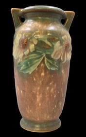 Vintage ROSEVILLE Art Pottery DAHLROSE Green & Brown Ceramic Vase
