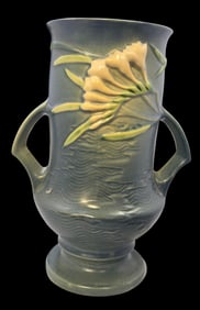 Vintage ROSEVILLE Art Pottery FREESIA Blue Ceramic Vase