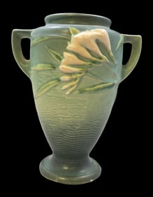 Vintage ROSEVILLE Art Pottery FREESIA Green Ceramic Vase