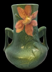 Vintage ROSEVILLE Art Pottery CLEMATIS Green Ceramic Vase