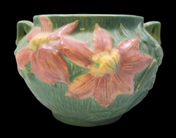 Vintage ROSEVILLE Art Pottery CLEMATIS Green Ceramic Bowl