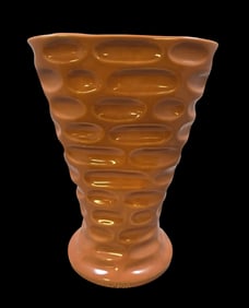 Vintage Mid-Century Modern Orange Art Pottery Ribbed Vase