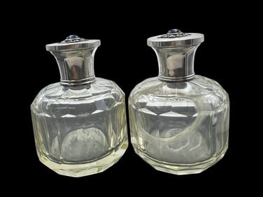Vintage Pair of Perfume Bottles /w 800 Silver Lids & Blue Gemstones