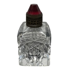 Antique Bohemian Brass & Crystal Miniature Perfume Bottle w/ Red Stone Lid