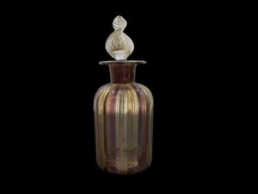 Vintage Murano Mouth Blown Art Glass Perfume Bottle /w Gold and Purple Stripes & Gold Flakes