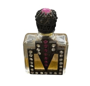 Vintage French Art Deco Glass Perfume Bottle /w Pink & White Rhinestones