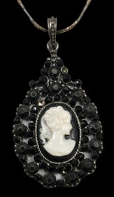 Vintage Cameo & Black Rhinestone Costume Jewelry Pendant on Sterling Silver Necklace