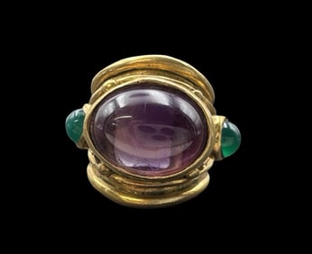 Massive Vintage Gilt Sterling Silver, Amethyst & Chrysoprase Ring