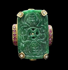Massive Vintage Gilt Sterling Silver, Ruby, Diamond & Jade Ring