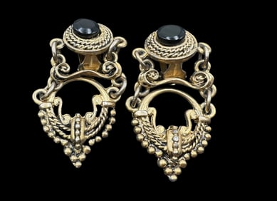 Vintage Goldtone Metal & Black Gemstone Costume Jewelry Earrings
