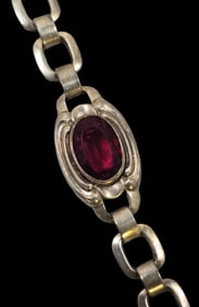 Antique European Silvertone Metal & Ruby Red Rhinestone Costume Jewelry Bracelet