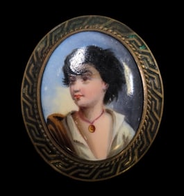 Rare Antique 19th Century Brass Frame & Miniature Porcelain Portrait Brooch