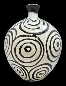 Very Unusual Vintage Black & White Glazed Terracotta Swirl Vase
