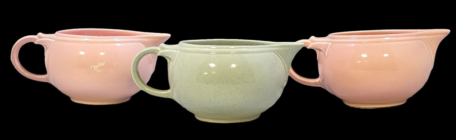Set of 3 Vintage TAYLOR SMITH Art Pottery LU-RAY Ceramic Creamers: Very good vintage condition with minor wear according to age, please see pictures. No cracks or repairs. Each measures approx. 2 1/2" high x 6" wide.