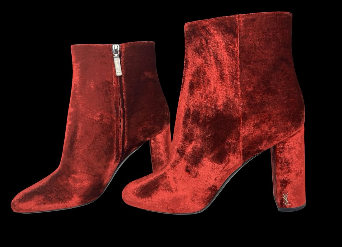 YVES SAINT LAURENT Lou Lou Red Suede Boots - Never Worn: A pair of YVES SAINT LAURENT Lou Lou Red Suede boots known for their sleek design featuring a pointed toe, a block heel, and a side zipper. Very good pre-loved condition; never worn. Minimal signs of