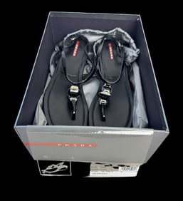PRADA Calzature Donna Black Leather Sandals with Black Stones - Never Worn