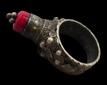 Antique Handmade Yemenite Tribal Silver & Red Glass Bead Tower Ring