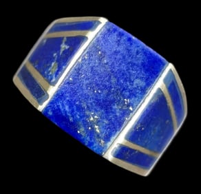 Very Unusual Vintage Sterling Silver & Inlaid Lapis Lazuli Men's Ring