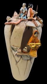 Large Vintage JANET HAEFNER Hand Painted Native American Theme Pottery Ceramic Vase