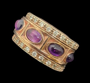 Very Unusual Vintage Partially Gilt Sterling Silver & Amethyst Rotating Ring