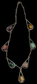 Unusual Mid-Century Modern Sterling Silver & Caged Gemstones Necklace