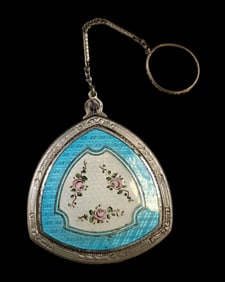 Vintage Sterling Silver & Guilloche Enamel Compact Keychain / Pendant