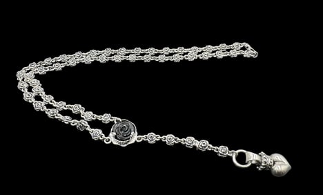 Modern KING BABY Sterling Silver Rosary Necklace /w Black Rose Shape Gemstone /w Pendant Heart