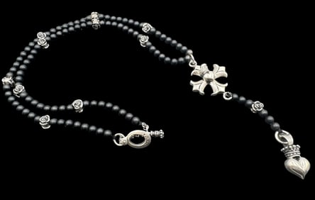 Modern KING BABY Sterling Silver Rosary Necklace /w Black Gemstone /w Pendant Cross & Heart