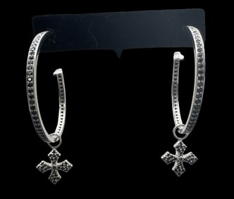 Modern KING BABY Sterling Silver Hoop Earrings /w Black Gemstone and Cross Pendant