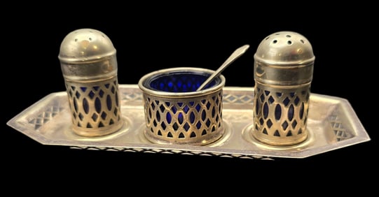 Vintage British Silverplate & Cobalt Glass Condiment Set