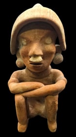 Antique Pre-Columbian Pottery Figurine of a Seated Man