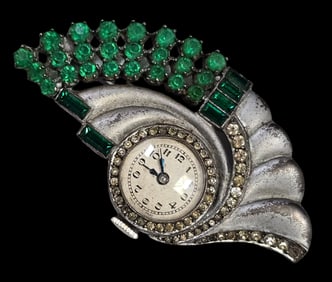 Vintage Art Deco Silvertone Metal & Green Rhinestone Watch Pin Brooch